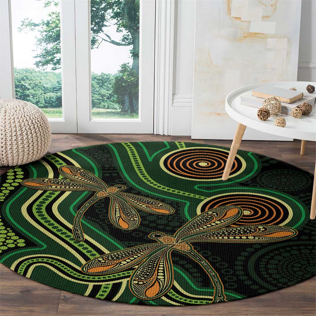 Green Indigenous Dragonfly Australia Round Carpet Aboriginal Art - Aussie Hoodie