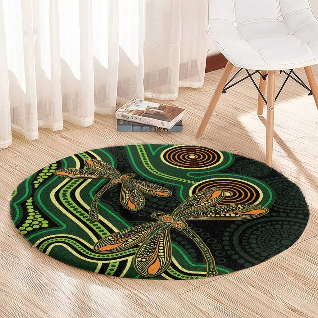 Green Indigenous Dragonfly Australia Round Carpet Aboriginal Art - Aussie Hoodie