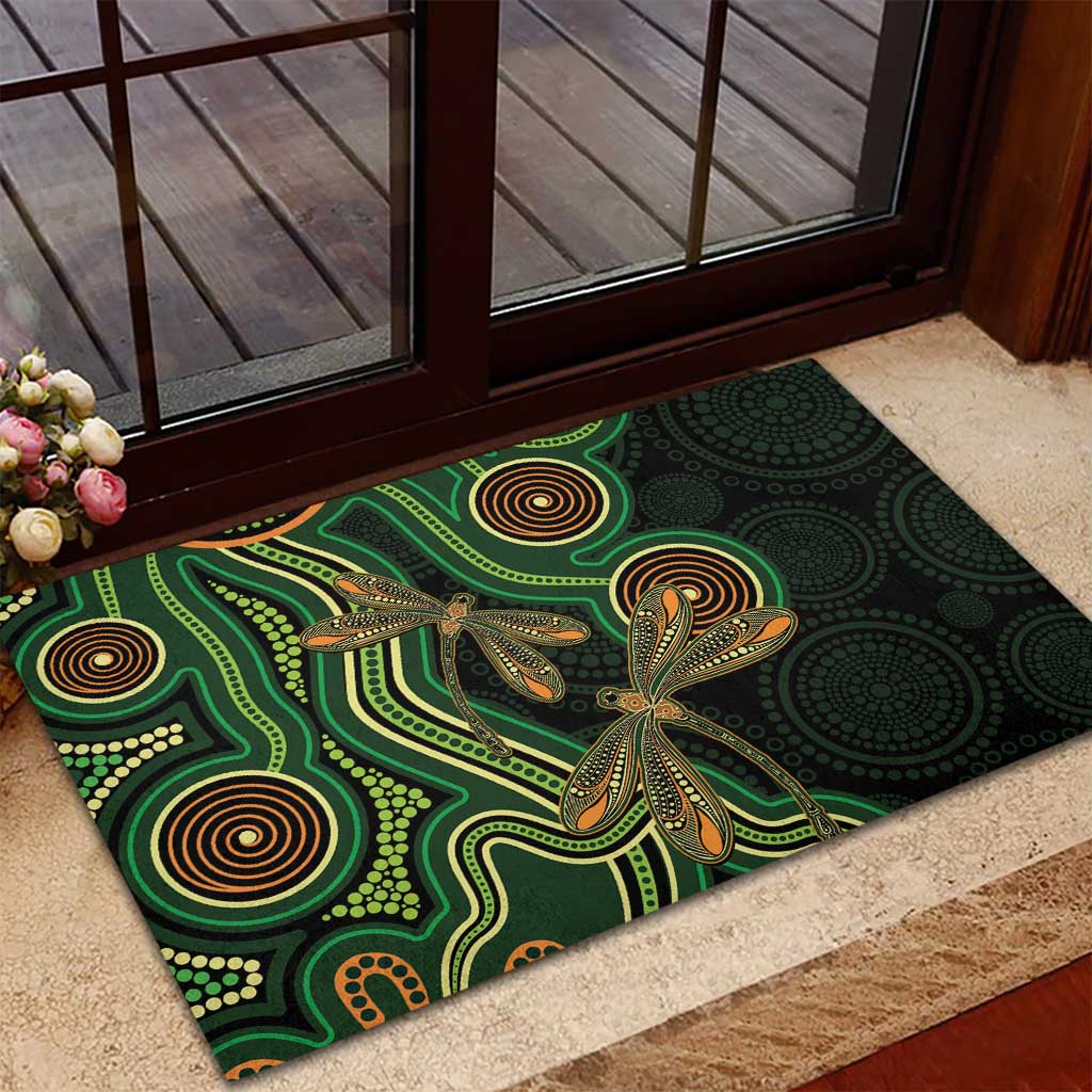 Green Indigenous Dragonfly Australia Rubber Doormat Aboriginal Art - Aussie Hoodie