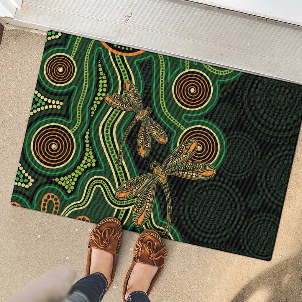 Green Indigenous Dragonfly Australia Rubber Doormat Aboriginal Art - Aussie Hoodie