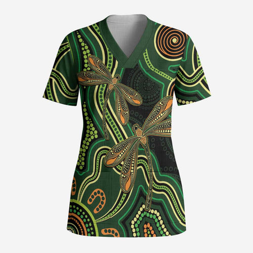 Green Indigenous Dragonfly Australia Scrub Top Aboriginal Art - Aussie Hoodie