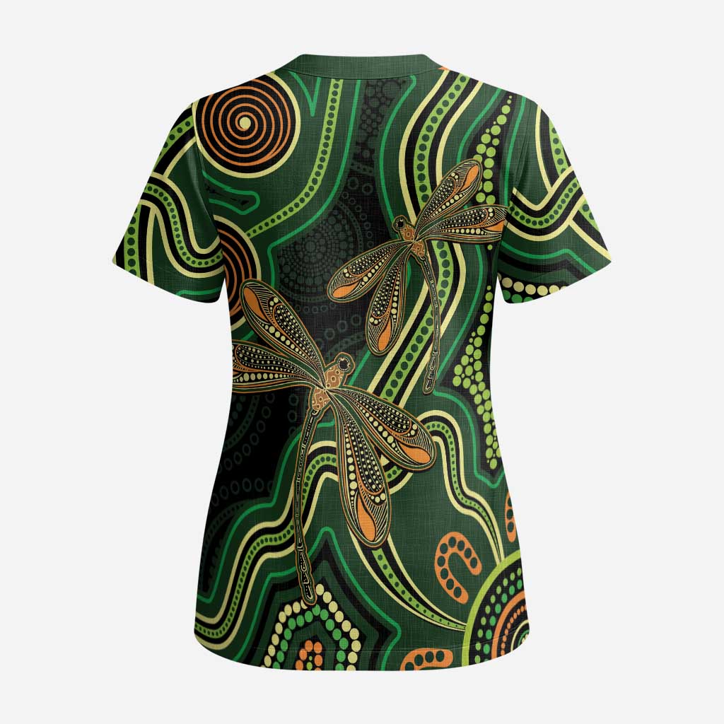 Green Indigenous Dragonfly Australia Scrub Top Aboriginal Art - Aussie Hoodie