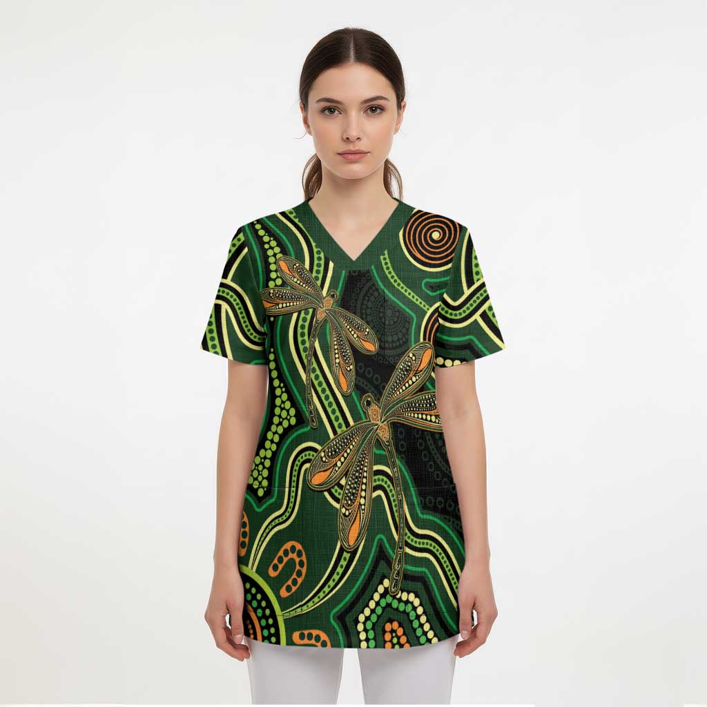Green Indigenous Dragonfly Australia Scrub Top Aboriginal Art - Aussie Hoodie