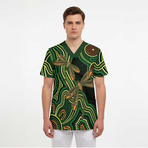 Green Indigenous Dragonfly Australia Scrub Top Aboriginal Art - Aussie Hoodie