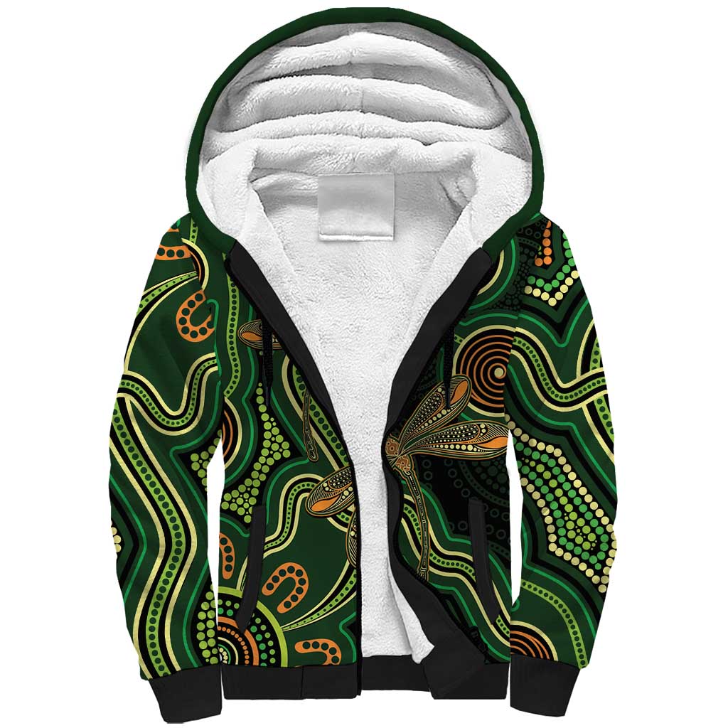 Green Indigenous Dragonfly Australia Sherpa Hoodie Aboriginal Art - Aussie Hoodie
