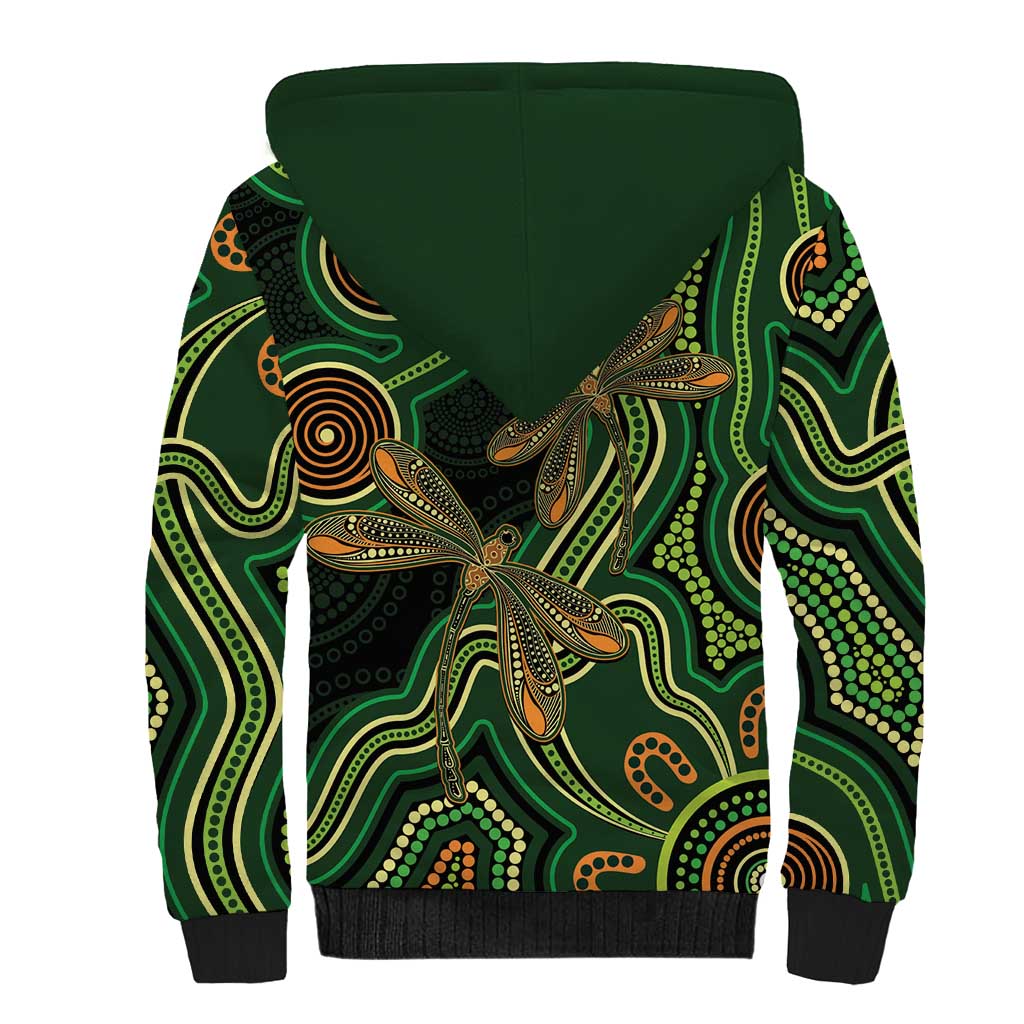 Green Indigenous Dragonfly Australia Sherpa Hoodie Aboriginal Art - Aussie Hoodie