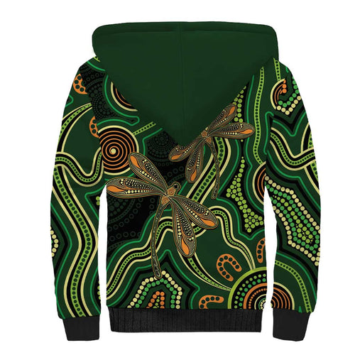 Green Indigenous Dragonfly Australia Sherpa Hoodie Aboriginal Art - Aussie Hoodie