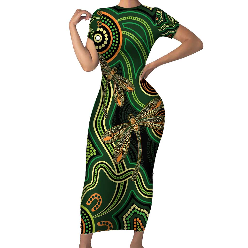 Green Indigenous Dragonfly Australia Short Sleeve Bodycon Dress Aboriginal Art - Aussie Hoodie