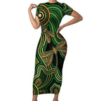 Green Indigenous Dragonfly Australia Short Sleeve Bodycon Dress Aboriginal Art - Aussie Hoodie