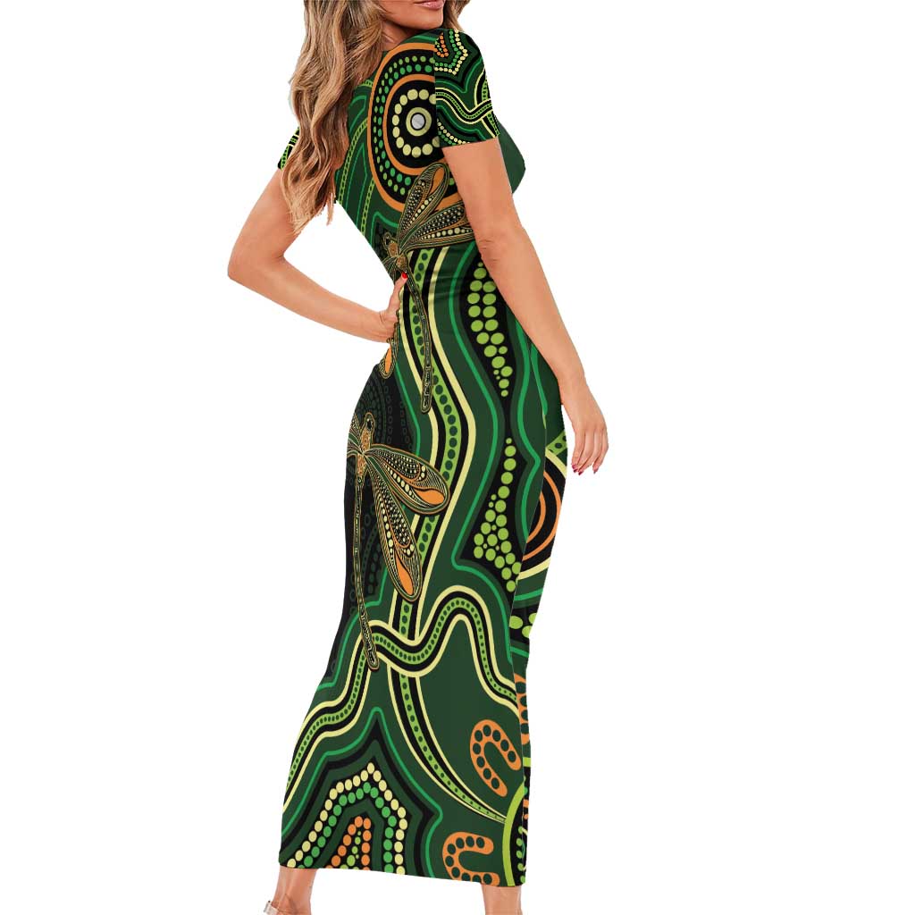 Green Indigenous Dragonfly Australia Short Sleeve Bodycon Dress Aboriginal Art - Aussie Hoodie