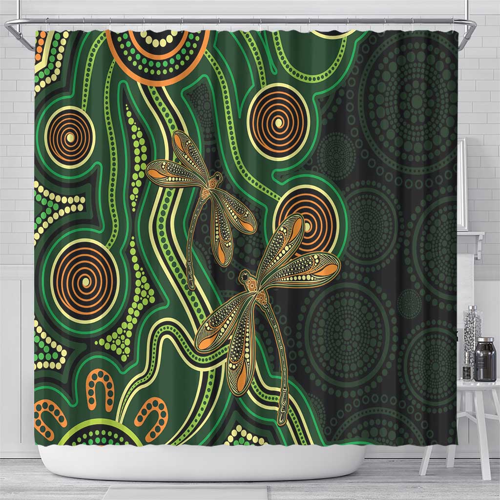 Green Indigenous Dragonfly Australia Shower Curtain Aboriginal Art - Aussie Hoodie