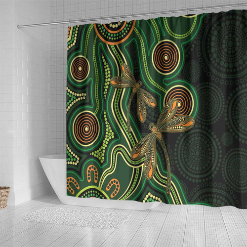 Green Indigenous Dragonfly Australia Shower Curtain Aboriginal Art - Aussie Hoodie
