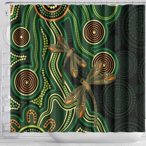 Green Indigenous Dragonfly Australia Shower Curtain Aboriginal Art - Aussie Hoodie