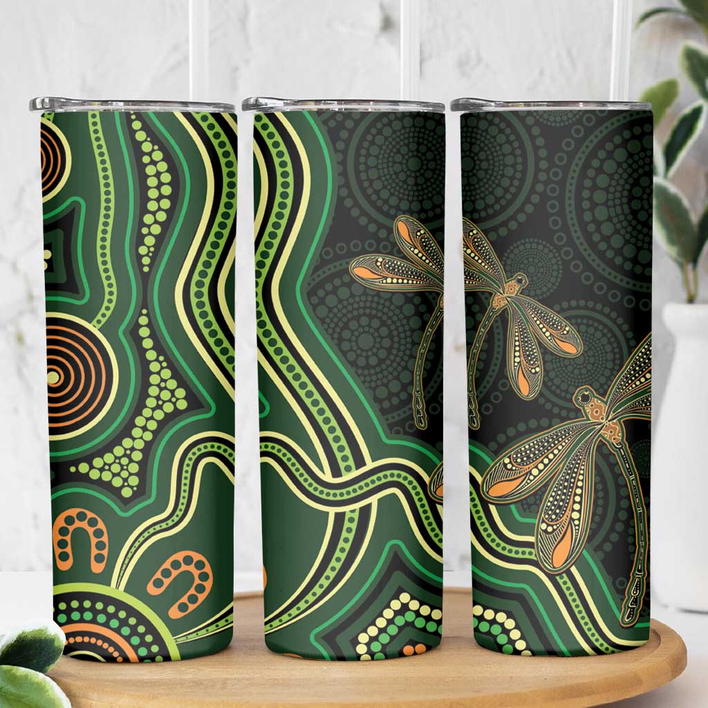 Green Indigenous Dragonfly Australia Skinny Tumbler Aboriginal Art - Aussie Hoodie