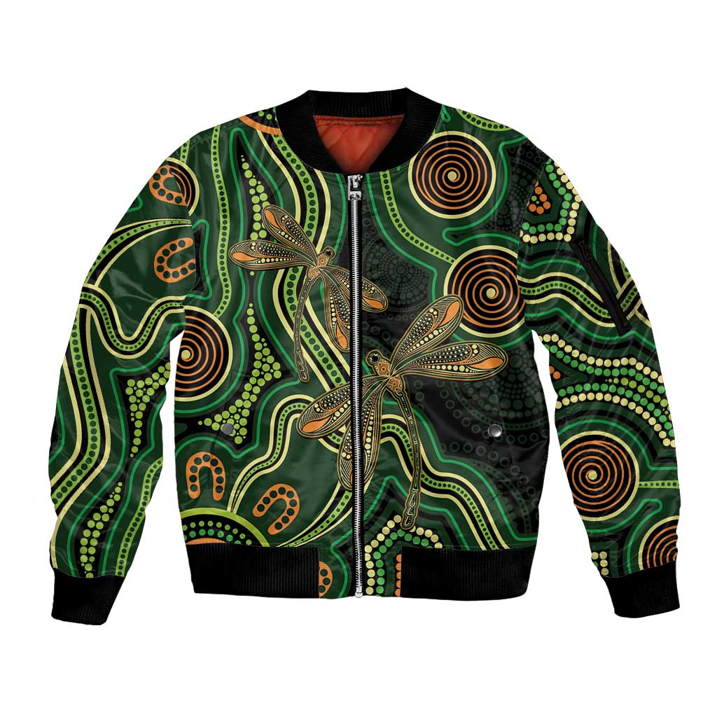 Green Indigenous Dragonfly Australia Sleeve Zip Bomber Jacket Aboriginal Art - Aussie Hoodie