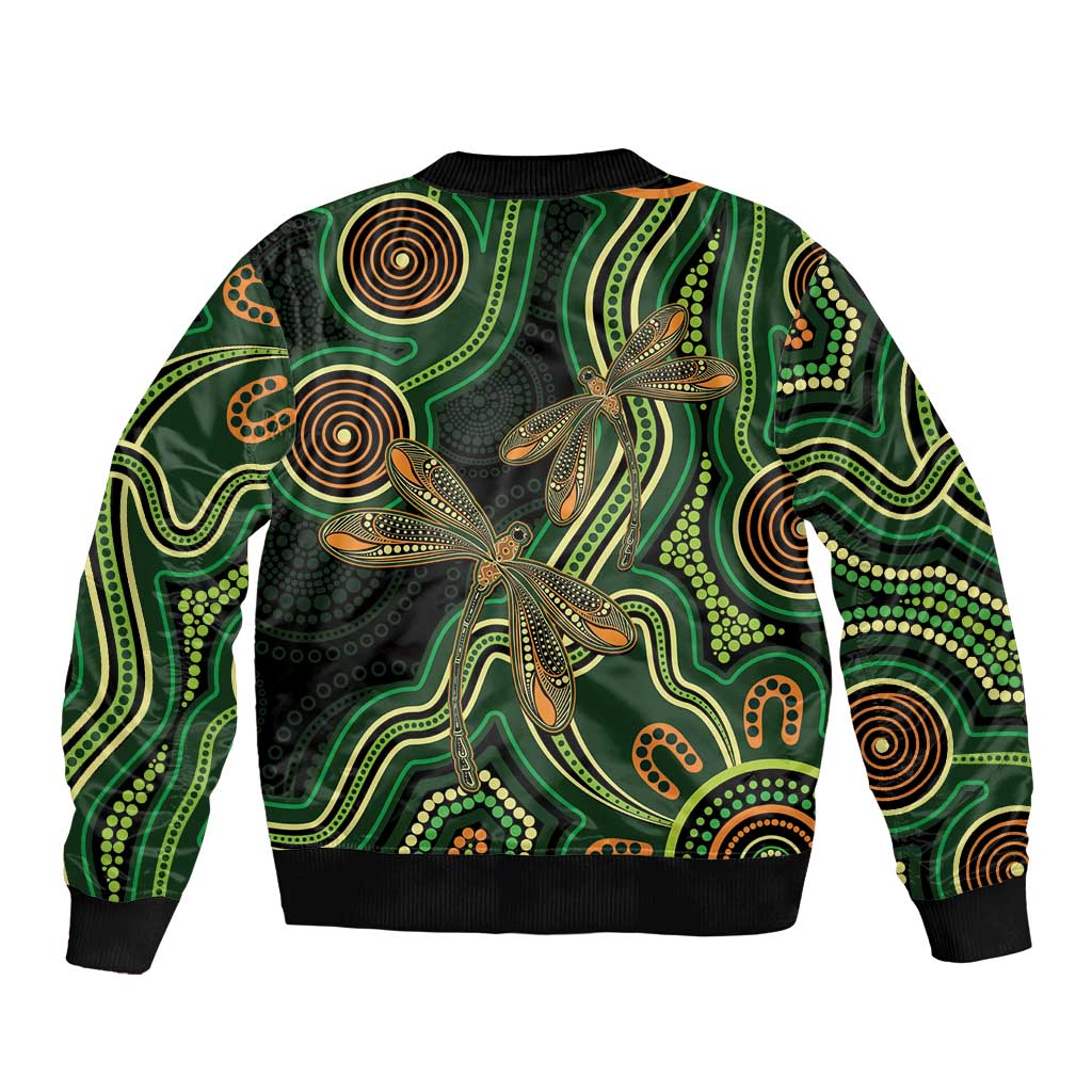 Green Indigenous Dragonfly Australia Sleeve Zip Bomber Jacket Aboriginal Art - Aussie Hoodie