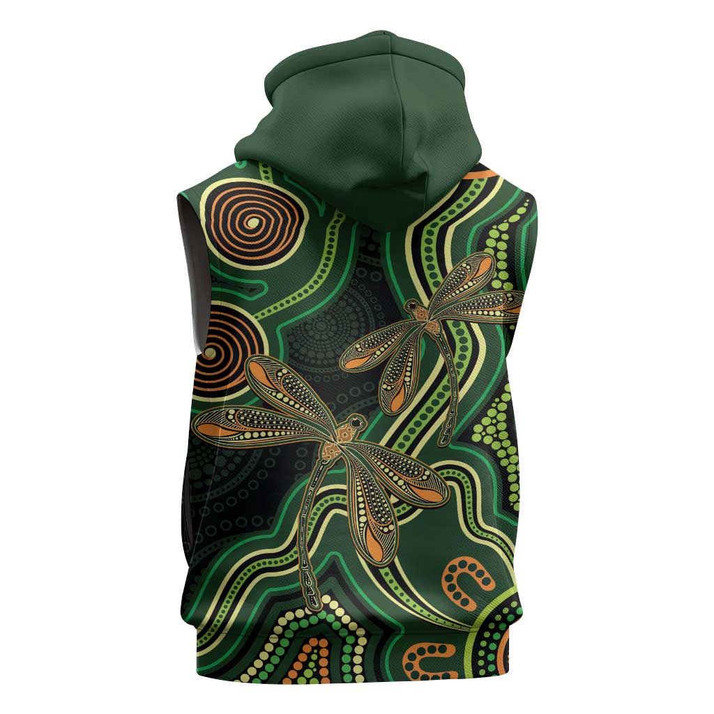 Green Indigenous Dragonfly Australia Sleeveless Hoodie Aboriginal Art - Aussie Hoodie