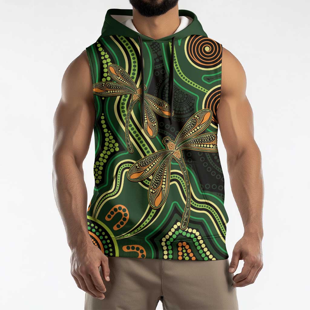 Green Indigenous Dragonfly Australia Sleeveless Hoodie Aboriginal Art - Aussie Hoodie
