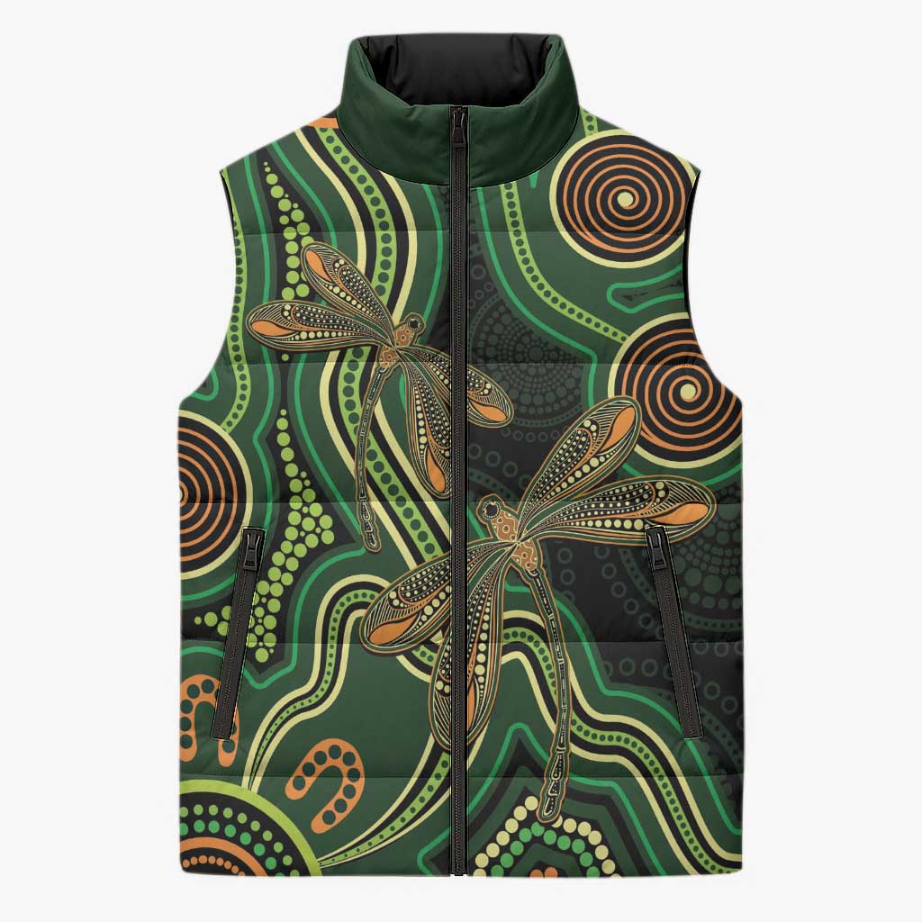 Green Indigenous Dragonfly Australia Sleeveless Puffer Jacket Aboriginal Art - Aussie Hoodie