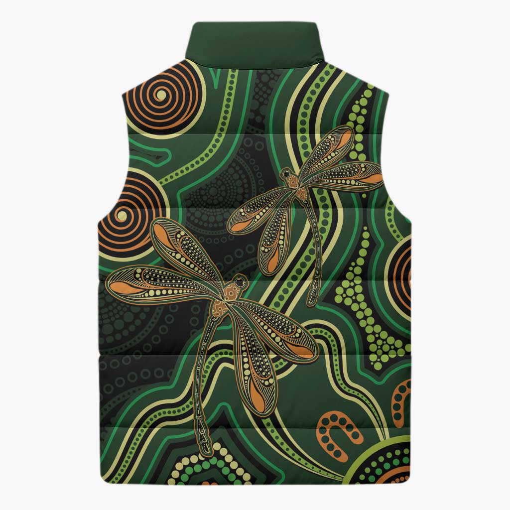 Green Indigenous Dragonfly Australia Sleeveless Puffer Jacket Aboriginal Art - Aussie Hoodie
