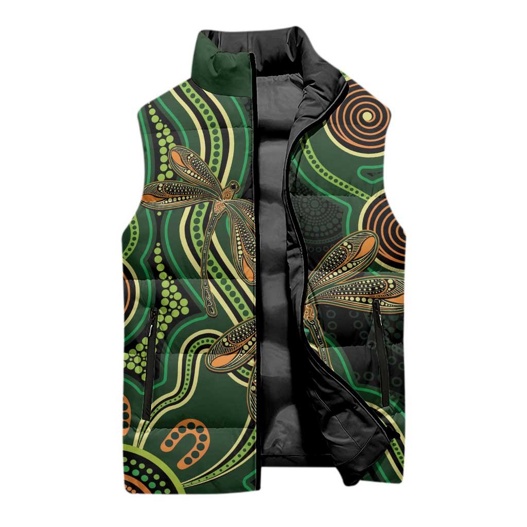 Green Indigenous Dragonfly Australia Sleeveless Puffer Jacket Aboriginal Art - Aussie Hoodie