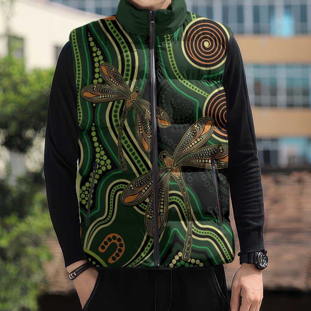 Green Indigenous Dragonfly Australia Sleeveless Puffer Jacket Aboriginal Art - Aussie Hoodie