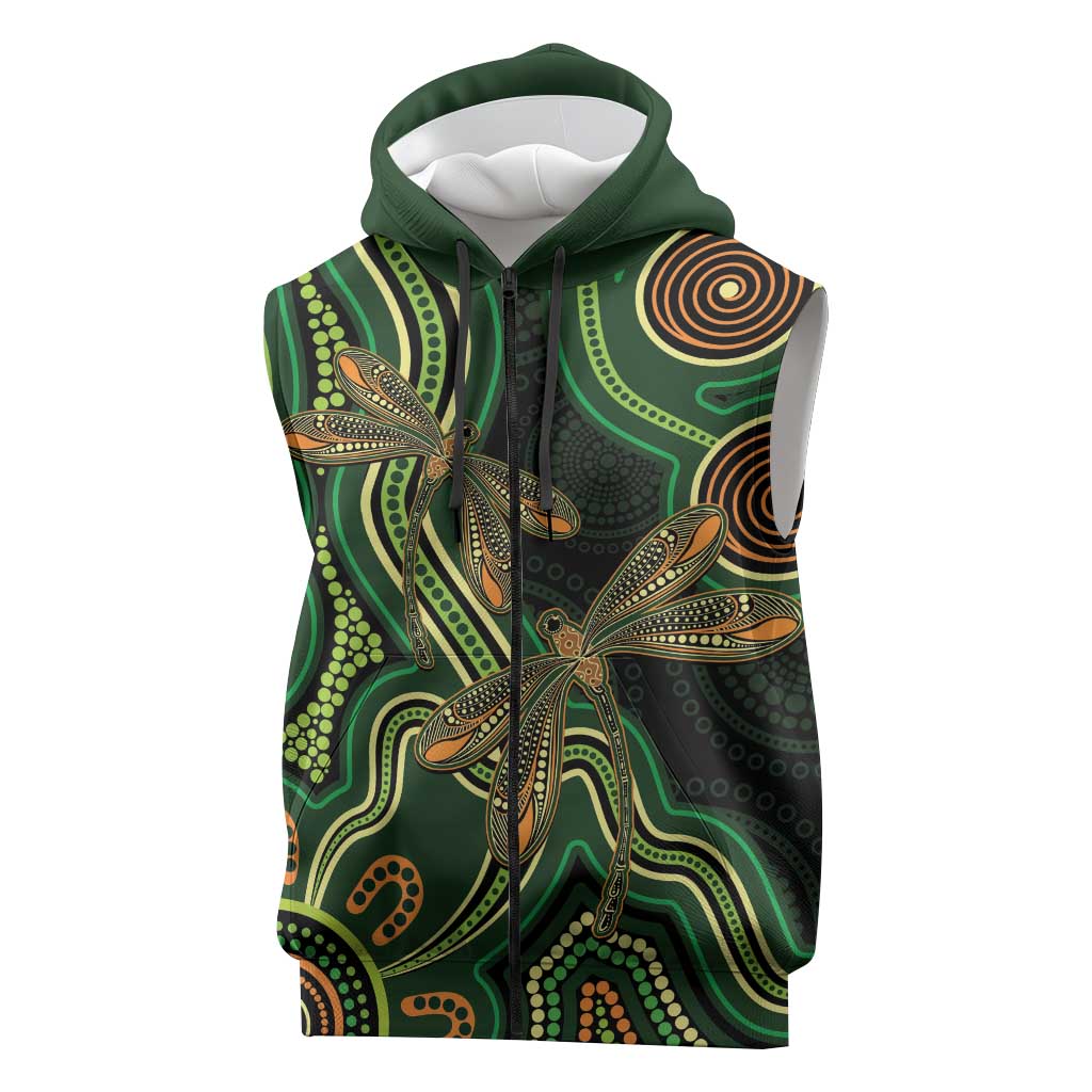 Green Indigenous Dragonfly Australia Sleeveless Zip Hoodie Aboriginal Art LT14