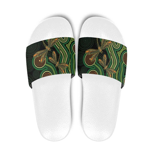 Green Indigenous Dragonfly Australia Slide Sandals Aboriginal Art - Aussie Hoodie