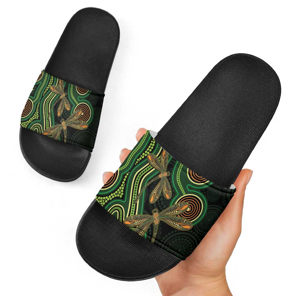 Green Indigenous Dragonfly Australia Slide Sandals Aboriginal Art - Aussie Hoodie