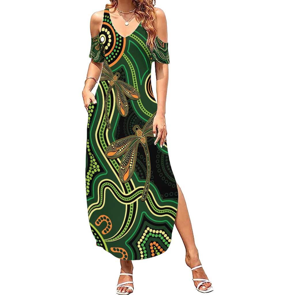 Green Indigenous Dragonfly Australia Summer Maxi Dress Aboriginal Art - Aussie Hoodie
