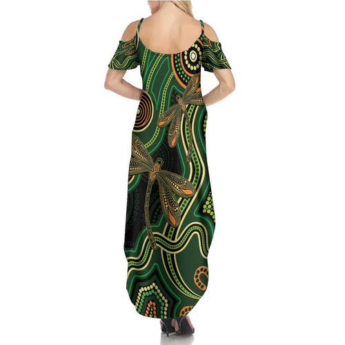 Green Indigenous Dragonfly Australia Summer Maxi Dress Aboriginal Art - Aussie Hoodie