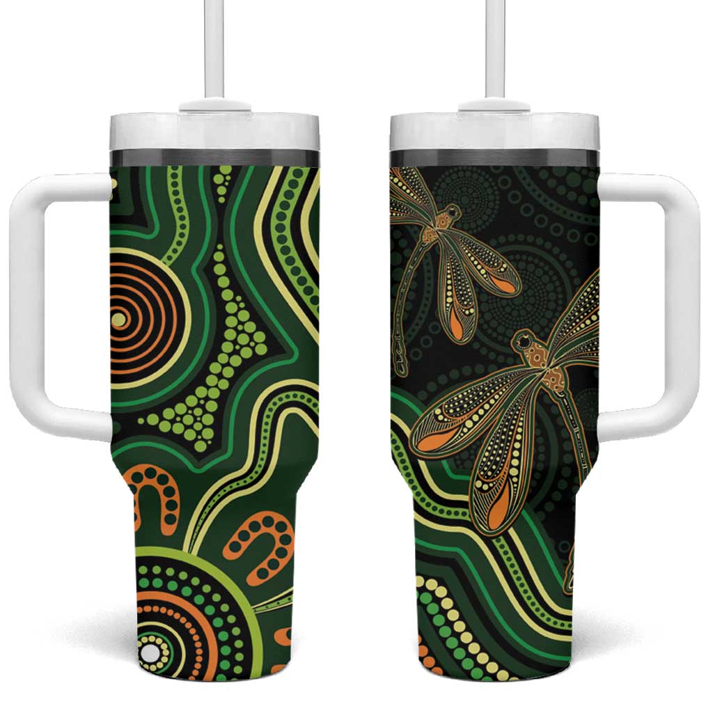 Green Indigenous Dragonfly Australia Tumbler With Handle Aboriginal Art - Aussie Hoodie