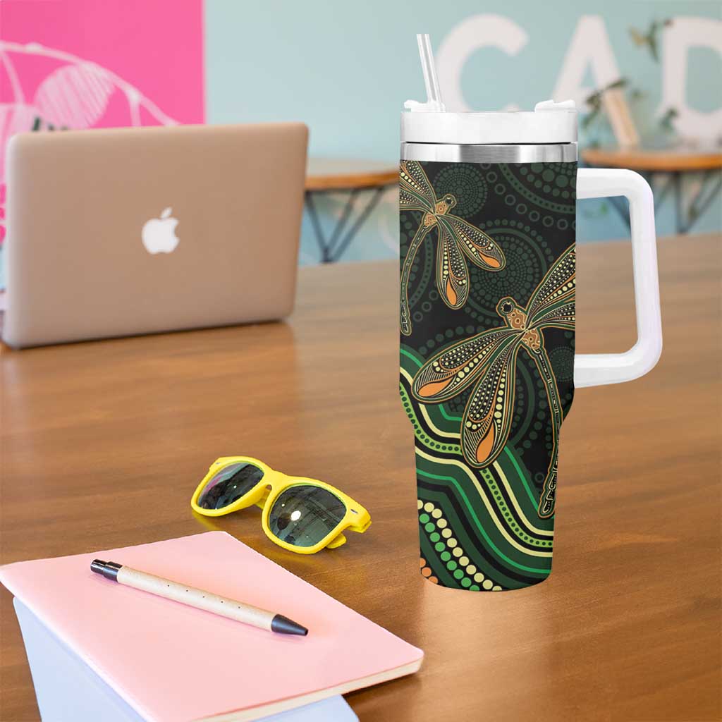 Green Indigenous Dragonfly Australia Tumbler With Handle Aboriginal Art - Aussie Hoodie