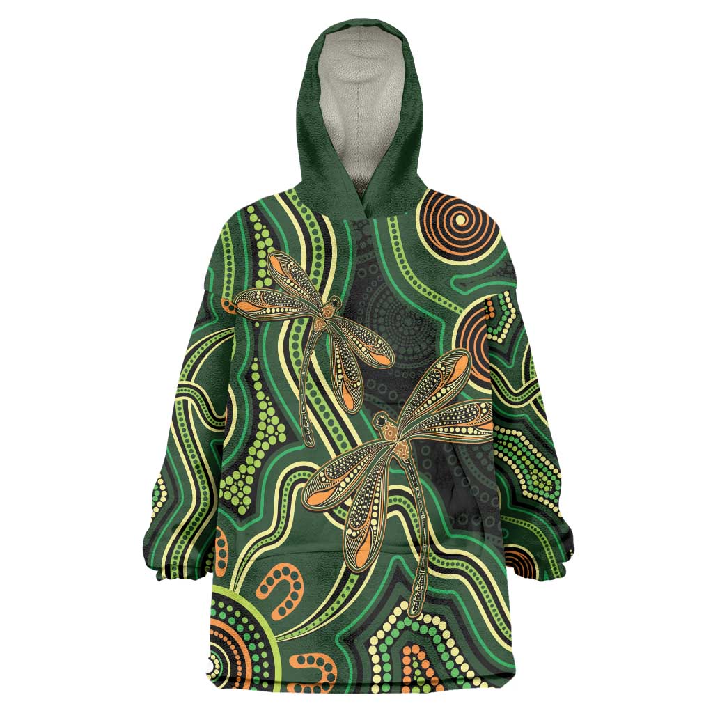 Green Indigenous Dragonfly Australia Wearable Blanket Hoodie Aboriginal Art - Aussie Hoodie