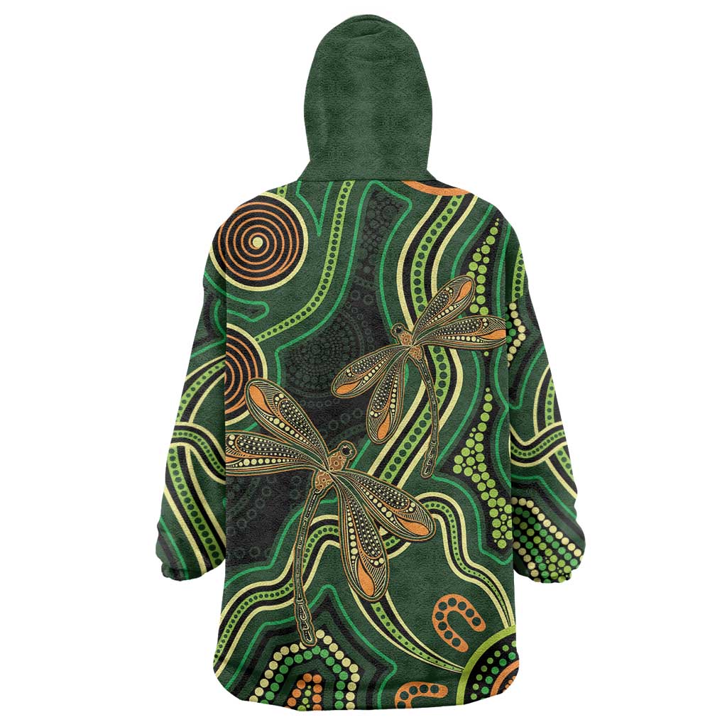 Green Indigenous Dragonfly Australia Wearable Blanket Hoodie Aboriginal Art - Aussie Hoodie