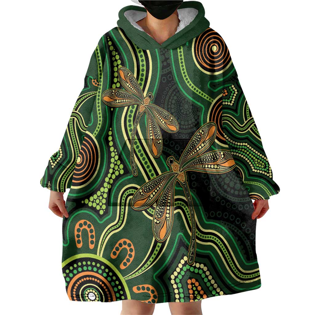 Green Indigenous Dragonfly Australia Wearable Blanket Hoodie Aboriginal Art - Aussie Hoodie