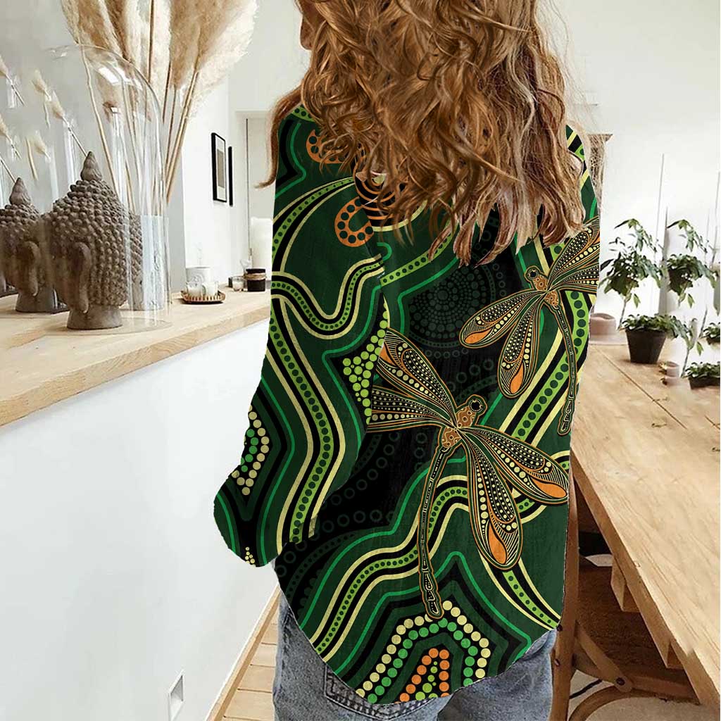 Green Indigenous Dragonfly Australia Women Casual Shirt Aboriginal Art - Aussie Hoodie