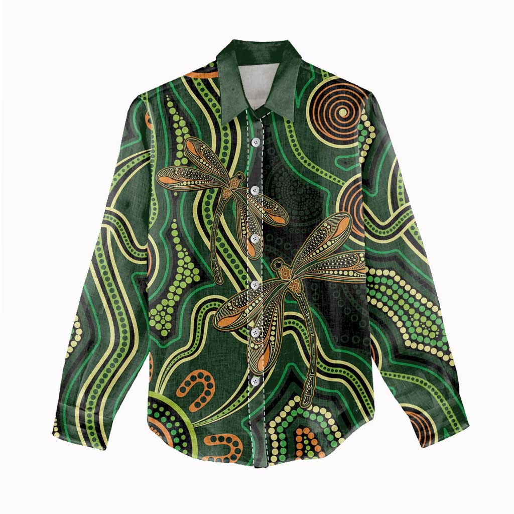Green Indigenous Dragonfly Australia Women Casual Shirt Aboriginal Art - Aussie Hoodie