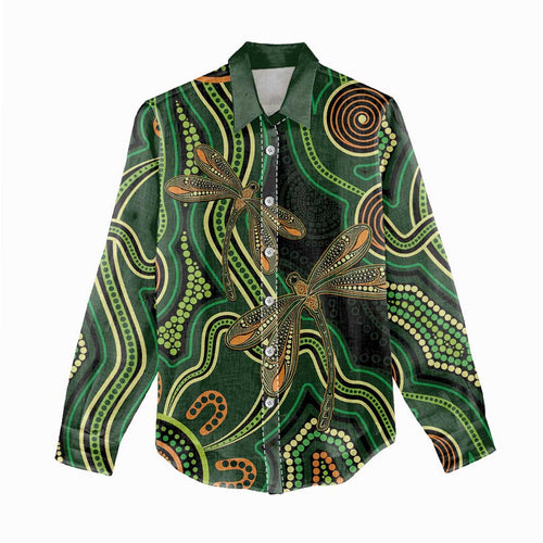 Green Indigenous Dragonfly Australia Women Casual Shirt Aboriginal Art - Aussie Hoodie