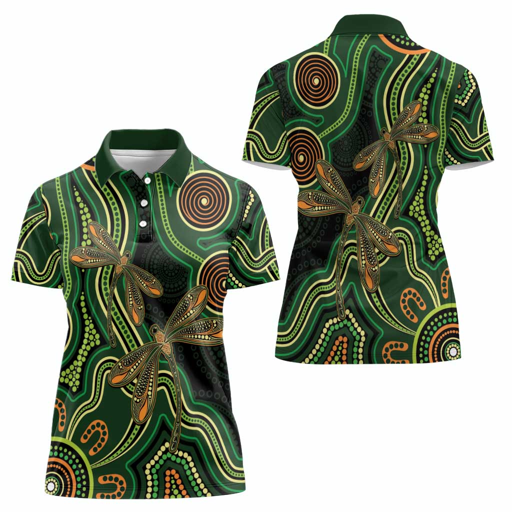 Green Indigenous Dragonfly Australia Women Polo Shirt Aboriginal Art - Aussie Hoodie
