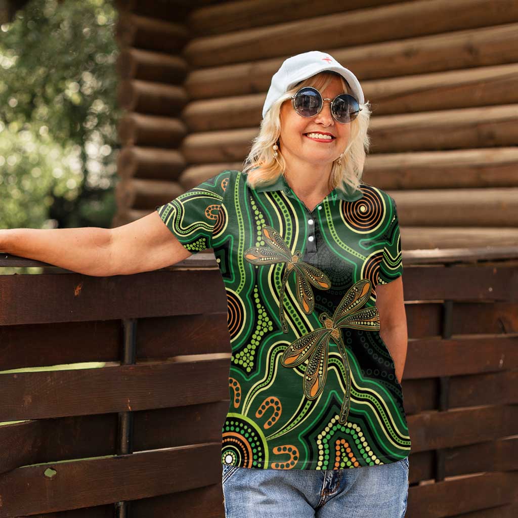 Green Indigenous Dragonfly Australia Women Polo Shirt Aboriginal Art - Aussie Hoodie