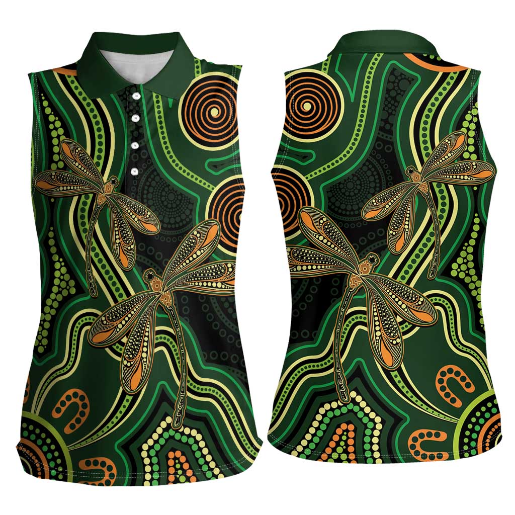 Green Indigenous Dragonfly Australia Women Sleeveless Polo Shirt Aboriginal Art - Aussie Hoodie