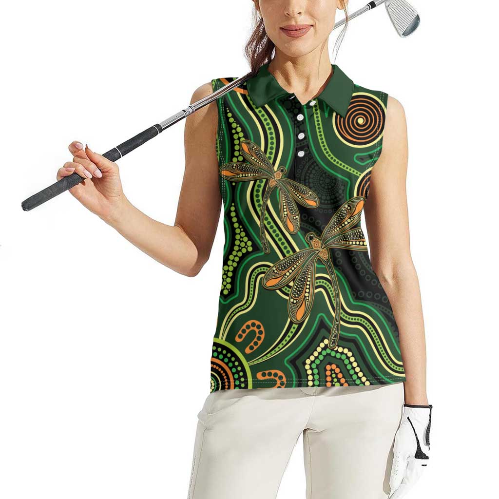 Green Indigenous Dragonfly Australia Women Sleeveless Polo Shirt Aboriginal Art - Aussie Hoodie