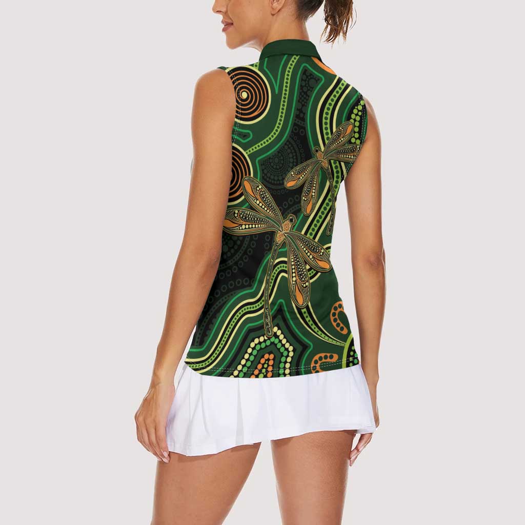 Green Indigenous Dragonfly Australia Women Sleeveless Polo Shirt Aboriginal Art - Aussie Hoodie