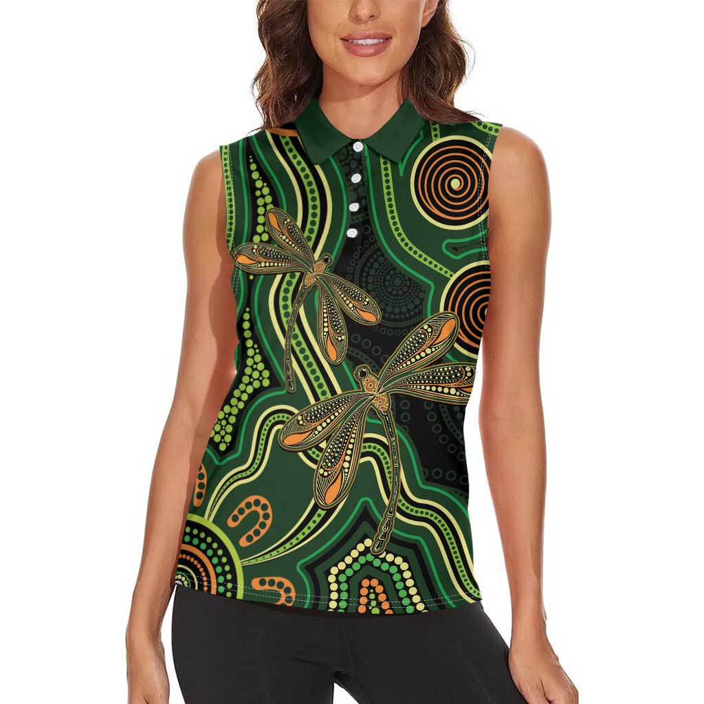 Green Indigenous Dragonfly Australia Women Sleeveless Polo Shirt Aboriginal Art - Aussie Hoodie