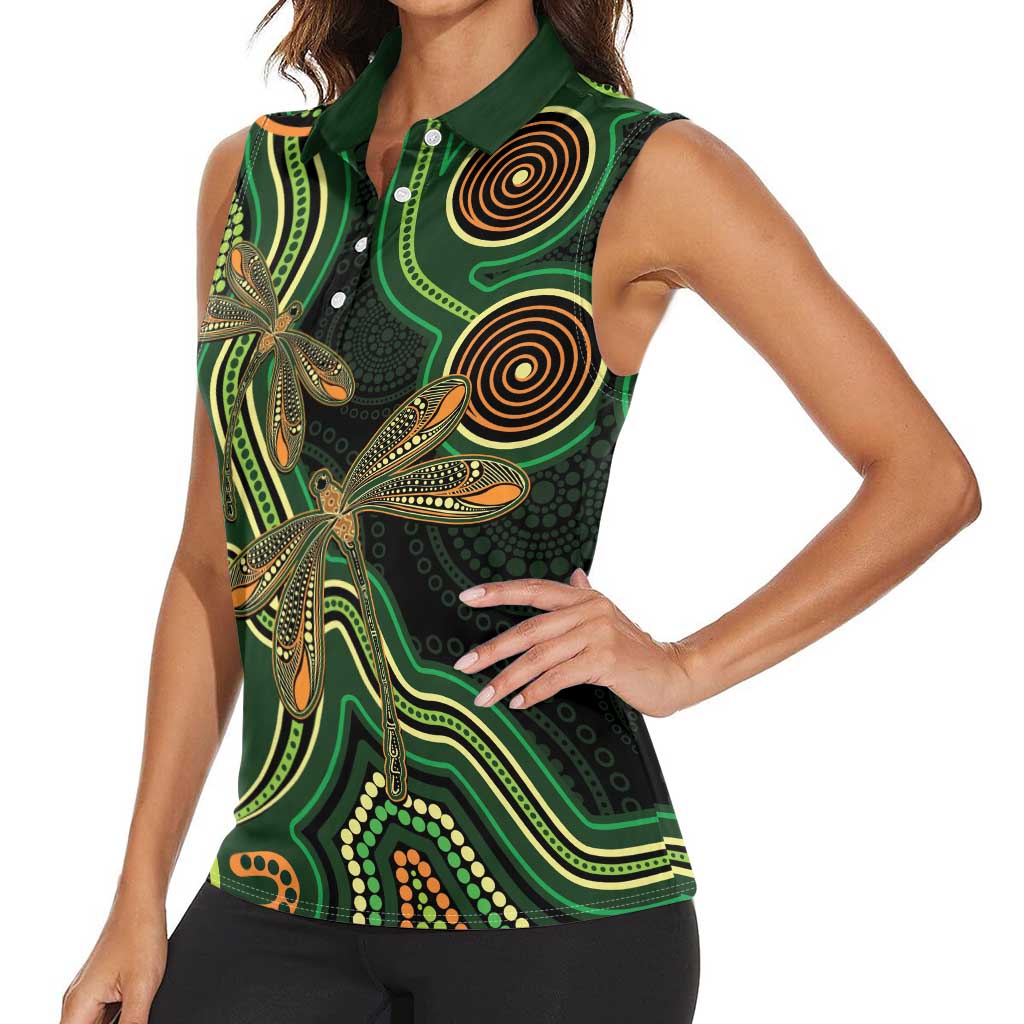 Green Indigenous Dragonfly Australia Women Sleeveless Polo Shirt Aboriginal Art - Aussie Hoodie