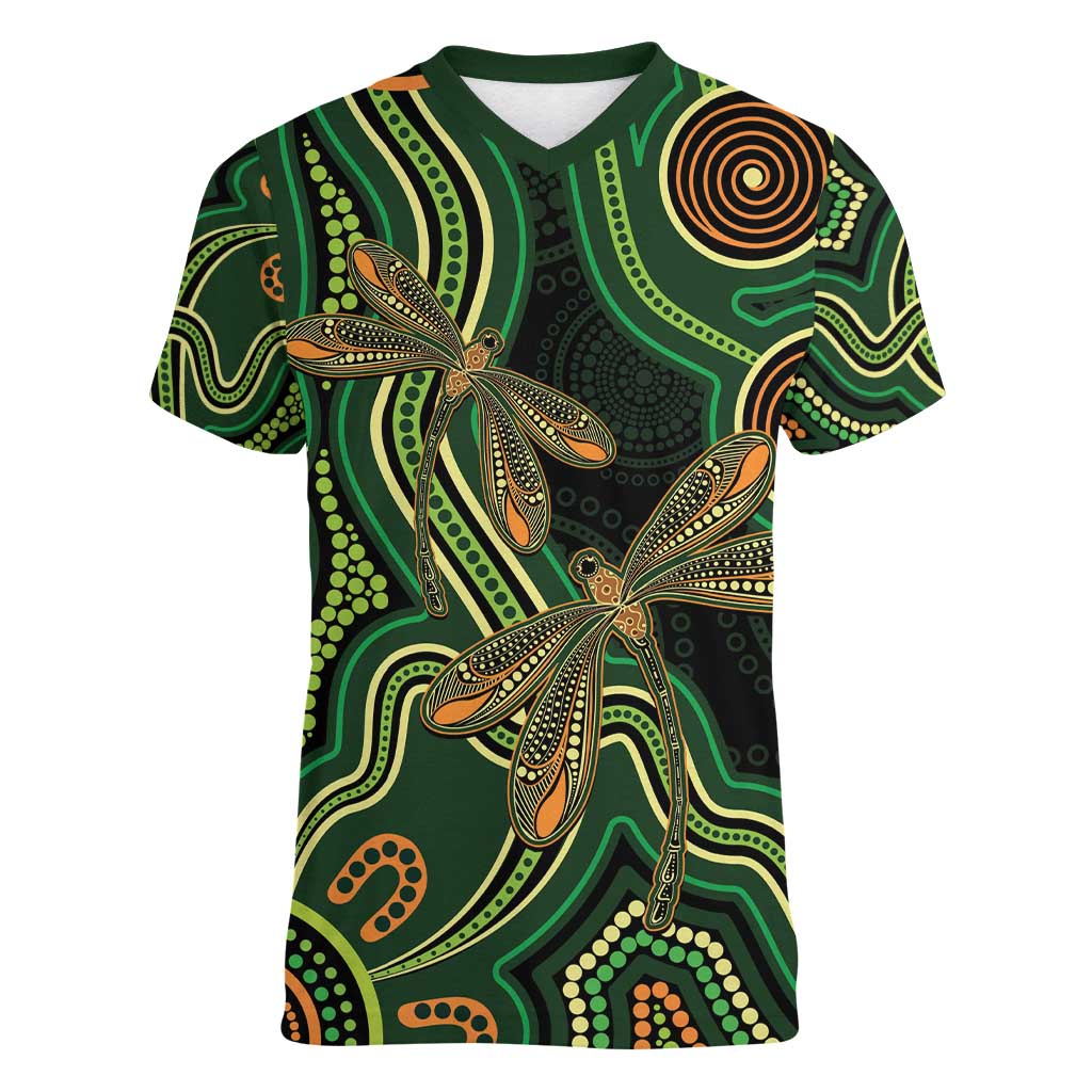 Green Indigenous Dragonfly Australia Women V-Neck T-Shirt Aboriginal Art - Aussie Hoodie