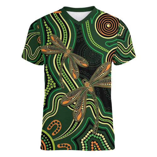 Green Indigenous Dragonfly Australia Women V-Neck T-Shirt Aboriginal Art - Aussie Hoodie