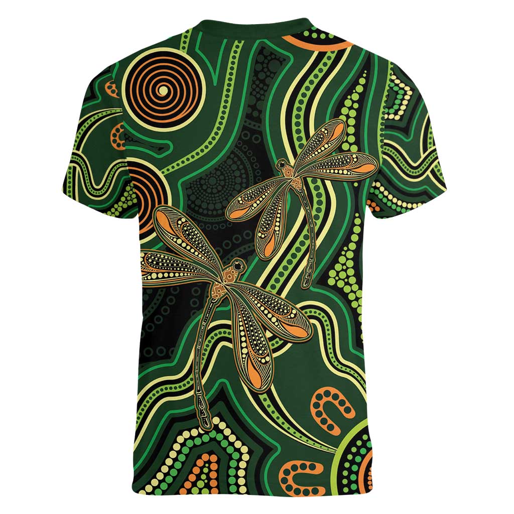 Green Indigenous Dragonfly Australia Women V-Neck T-Shirt Aboriginal Art - Aussie Hoodie