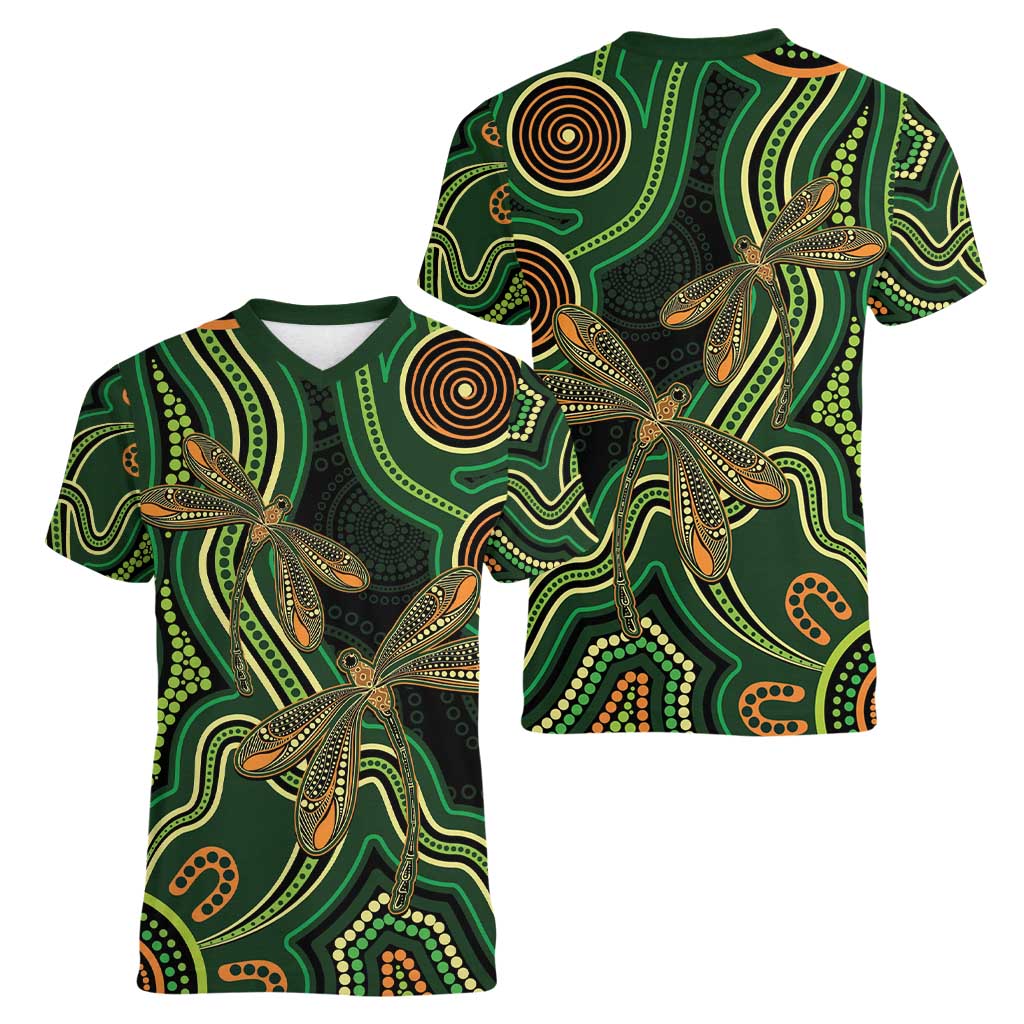 Green Indigenous Dragonfly Australia Women V-Neck T-Shirt Aboriginal Art - Aussie Hoodie